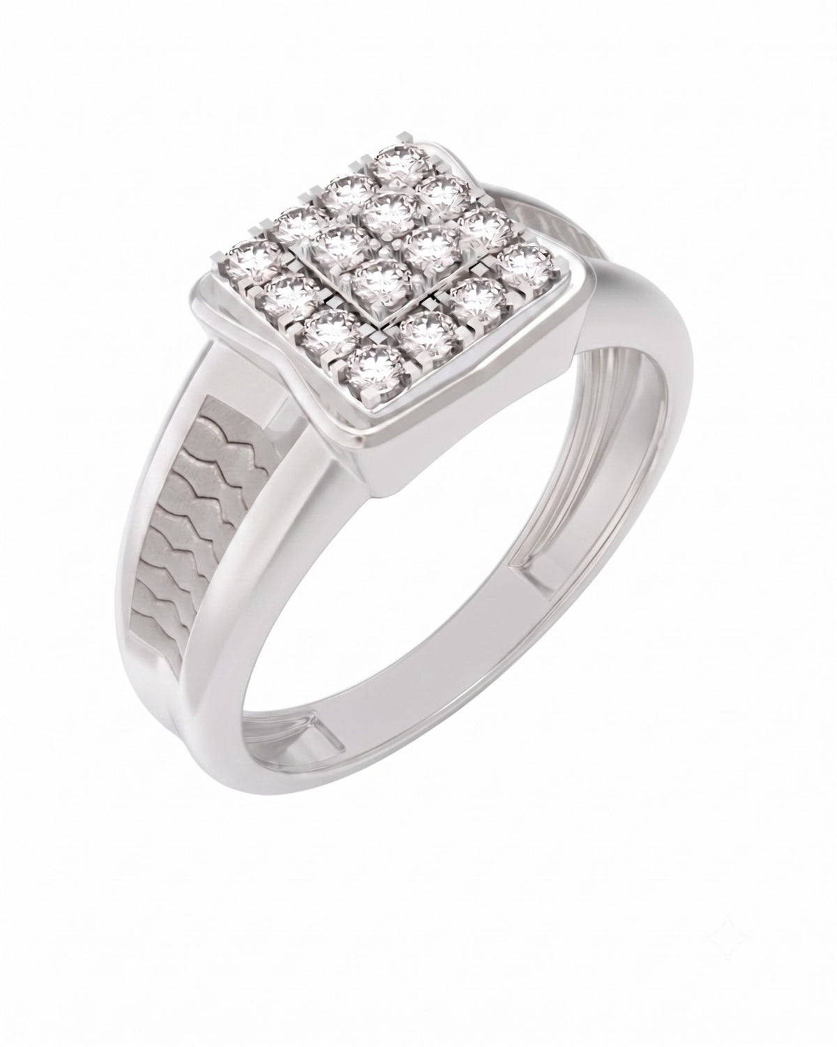White gold and diamond square cluster ring for men featuring with sparkling diamond accents.