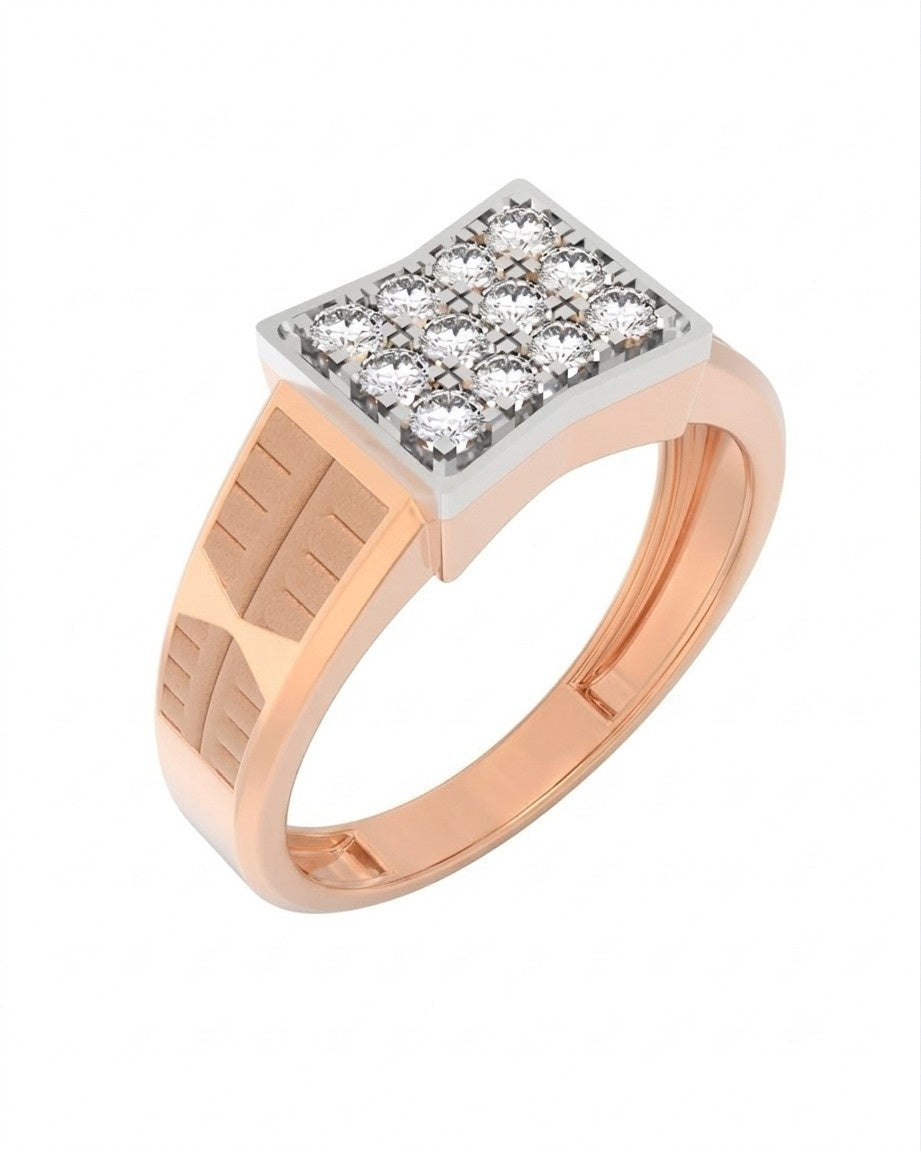 A rose gold band with geometric channel detailing, on a white surface.