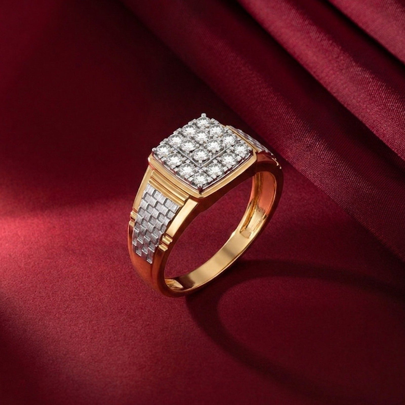 Gold and diamond square ring for men featuring a bold square design with sparkling diamond accents.