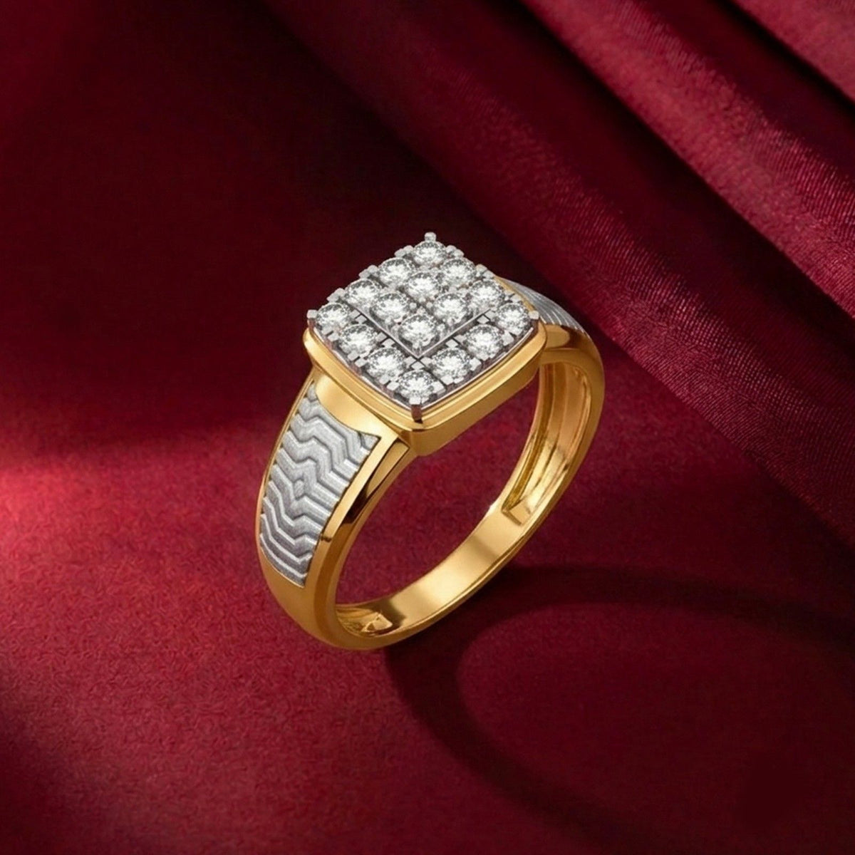 Gold and diamond square ring for men featuring a bold square design with sparkling diamond accents.