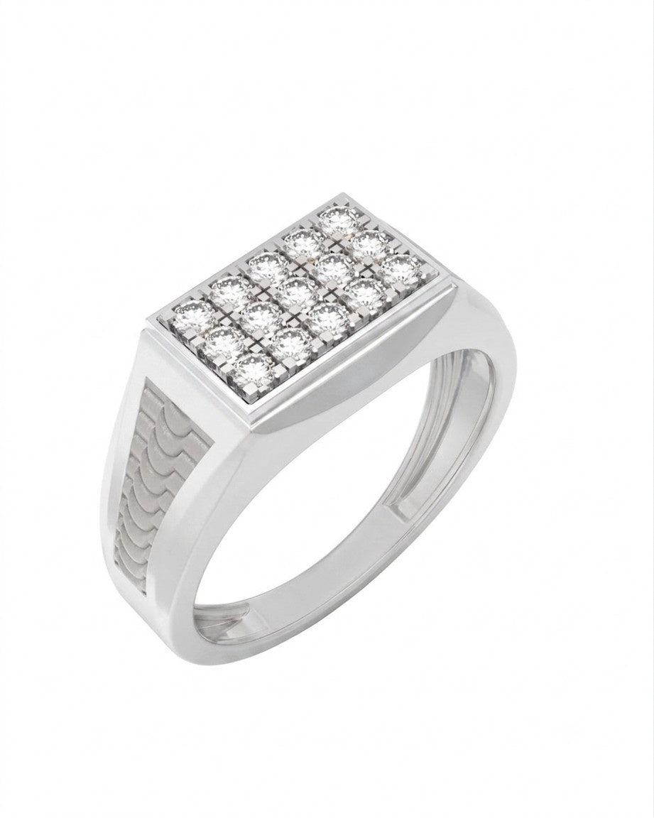 A white gold and diamond signet ring, shown on a plain white background.