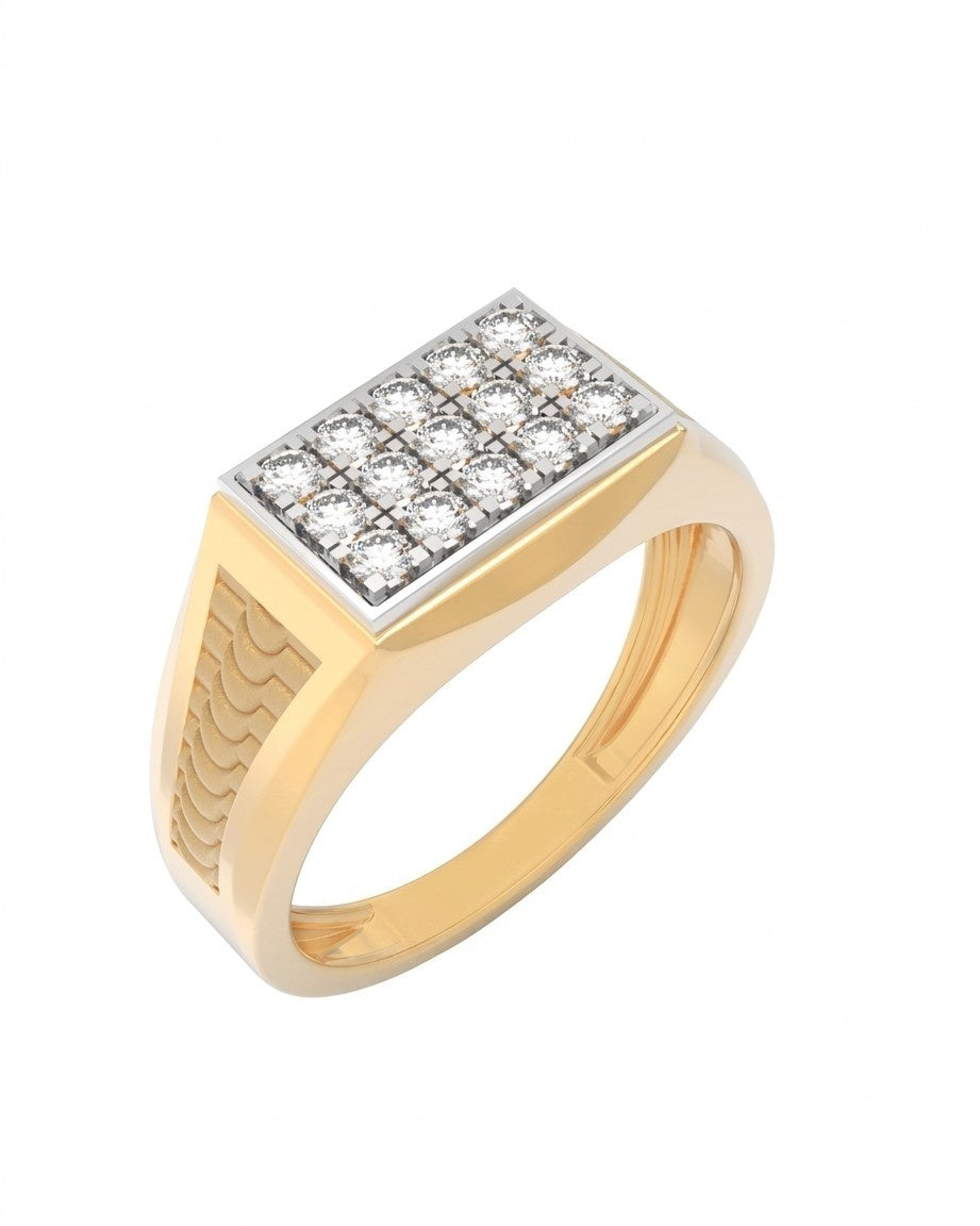A yellow gold and diamond signet ring, shown on a plain white background.