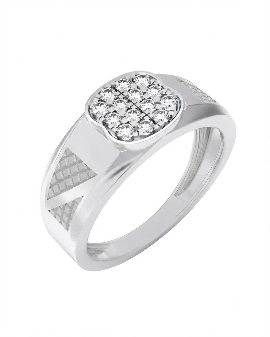 A white gold ring with a square-shaped pavé diamond top, shown on a plain white background.