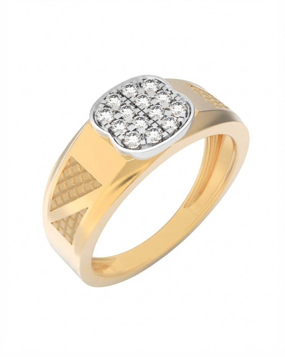 A yellow gold ring with a square-shaped pavé diamond top, shown on a plain white background.