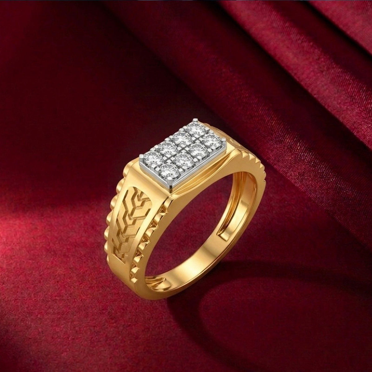 Gold and diamond band ring for men featuring a sparkling diamond accents.