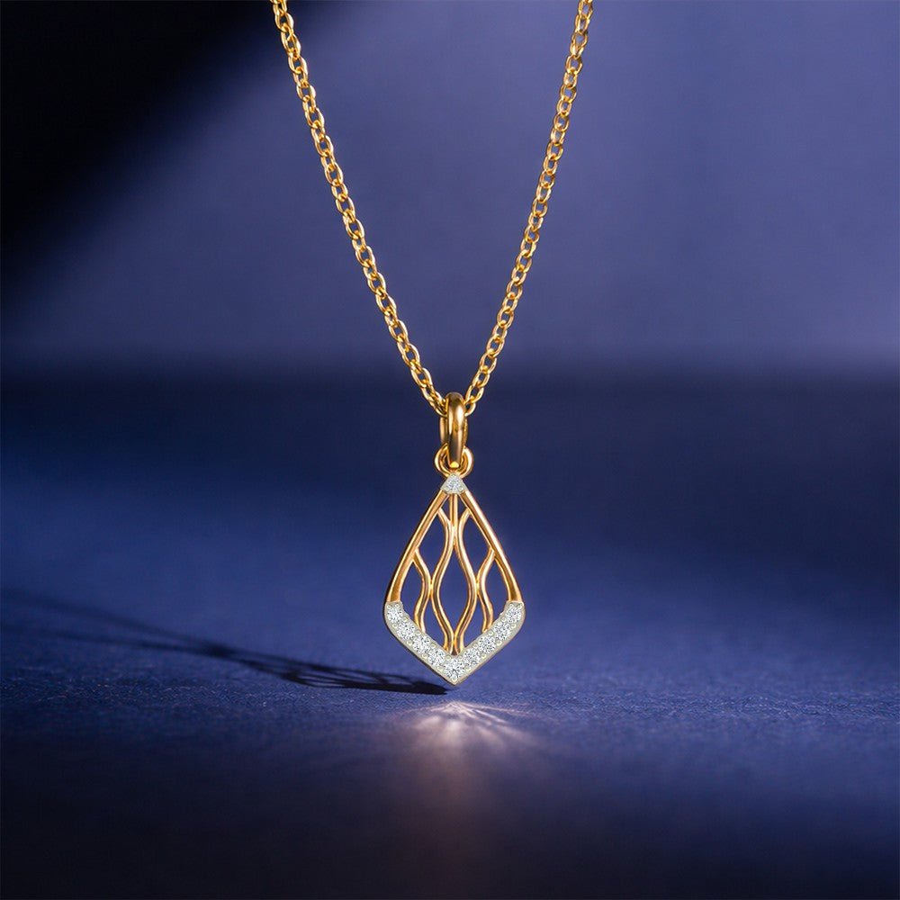 Gold with a diamond pendant on a dark blue background