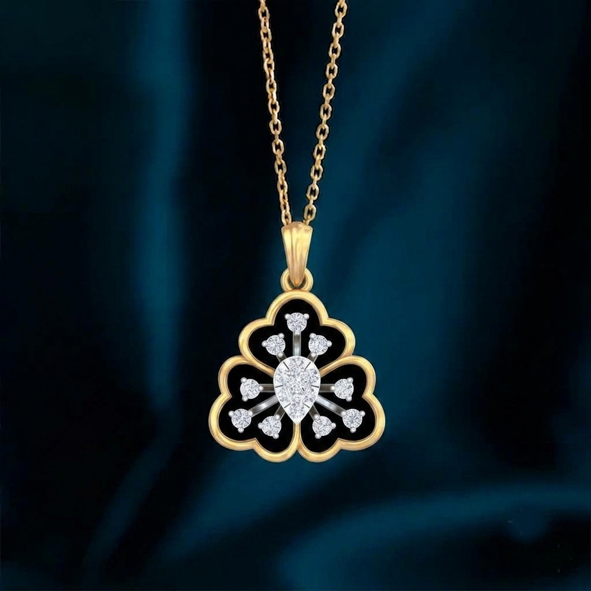 Gold with a floral pendant on a blue background