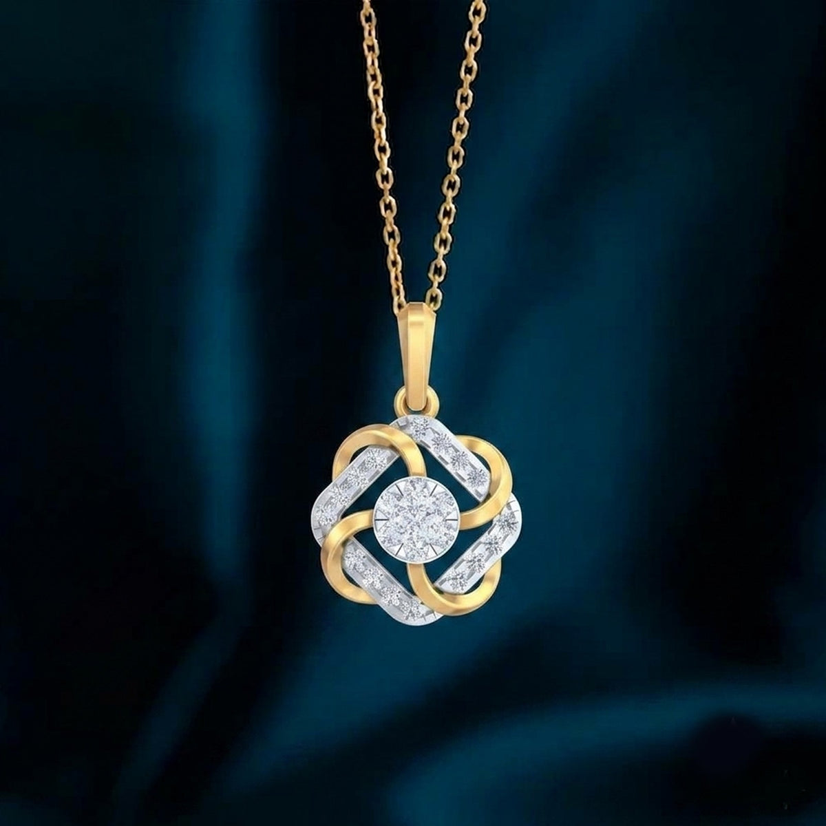 Gold pendant with a diamond on a teal background