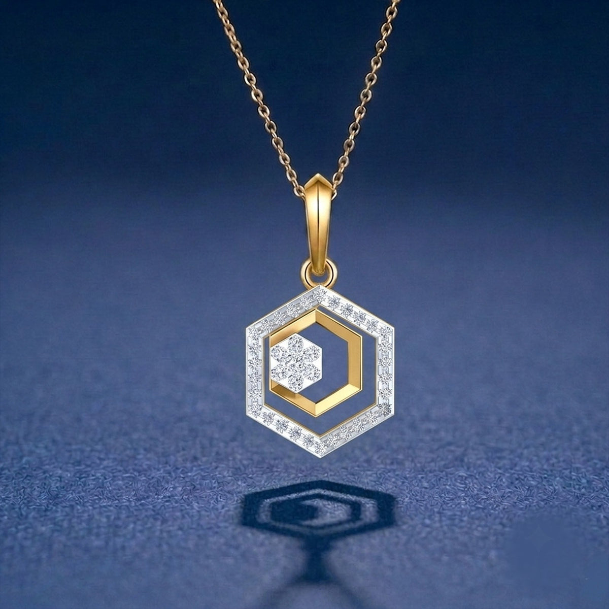 Hexagonal pendant with gold design on a blue surface