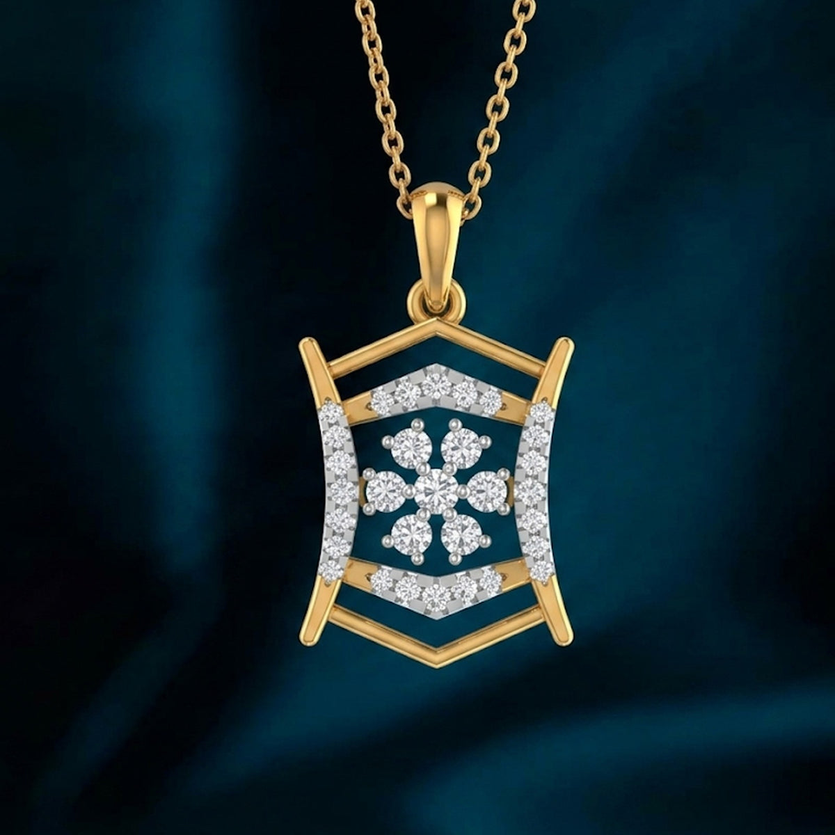 Gold and diamond pendant on a teal background.
