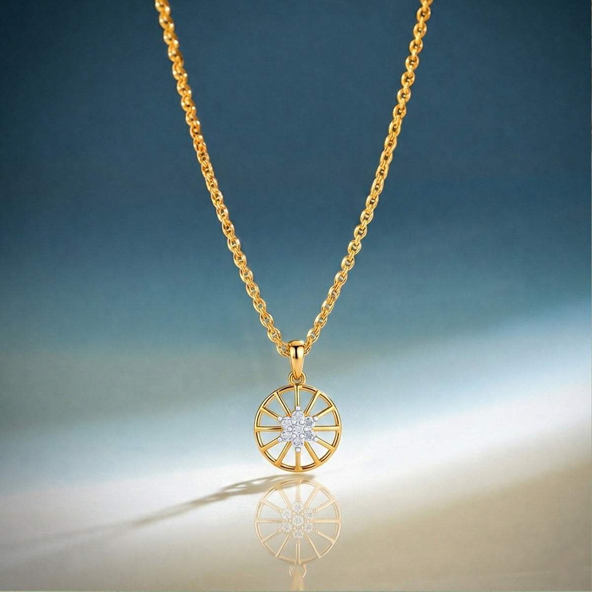 Gold and diamond circular pendant on a gradient blue and beige background