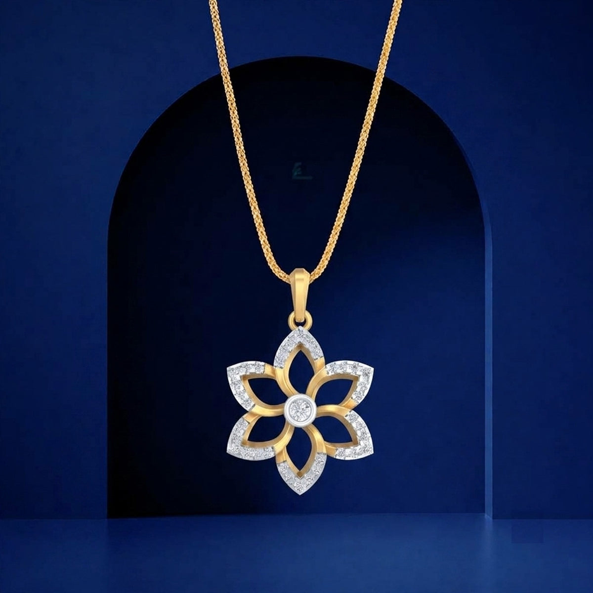 Rose gold and diamond pendant on blue background