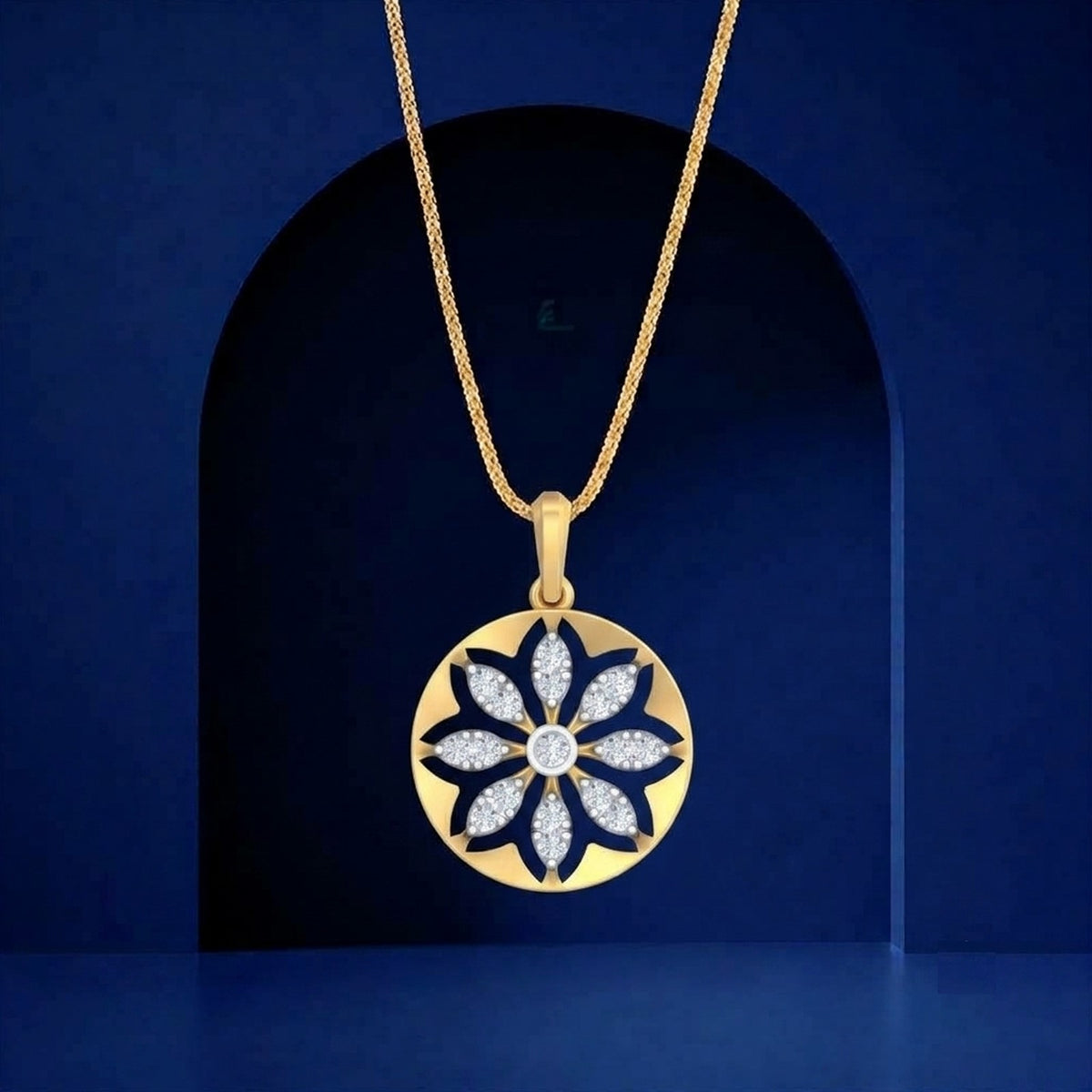 Gold and diamond pendant on blue background