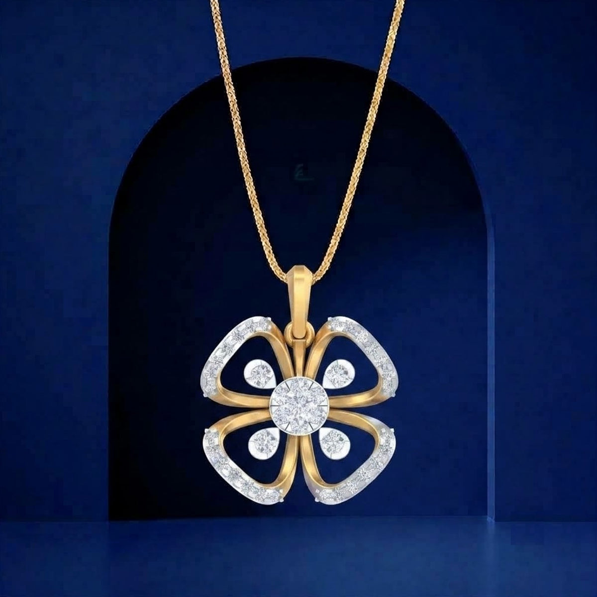 Gold and diamond pendant on a blue background