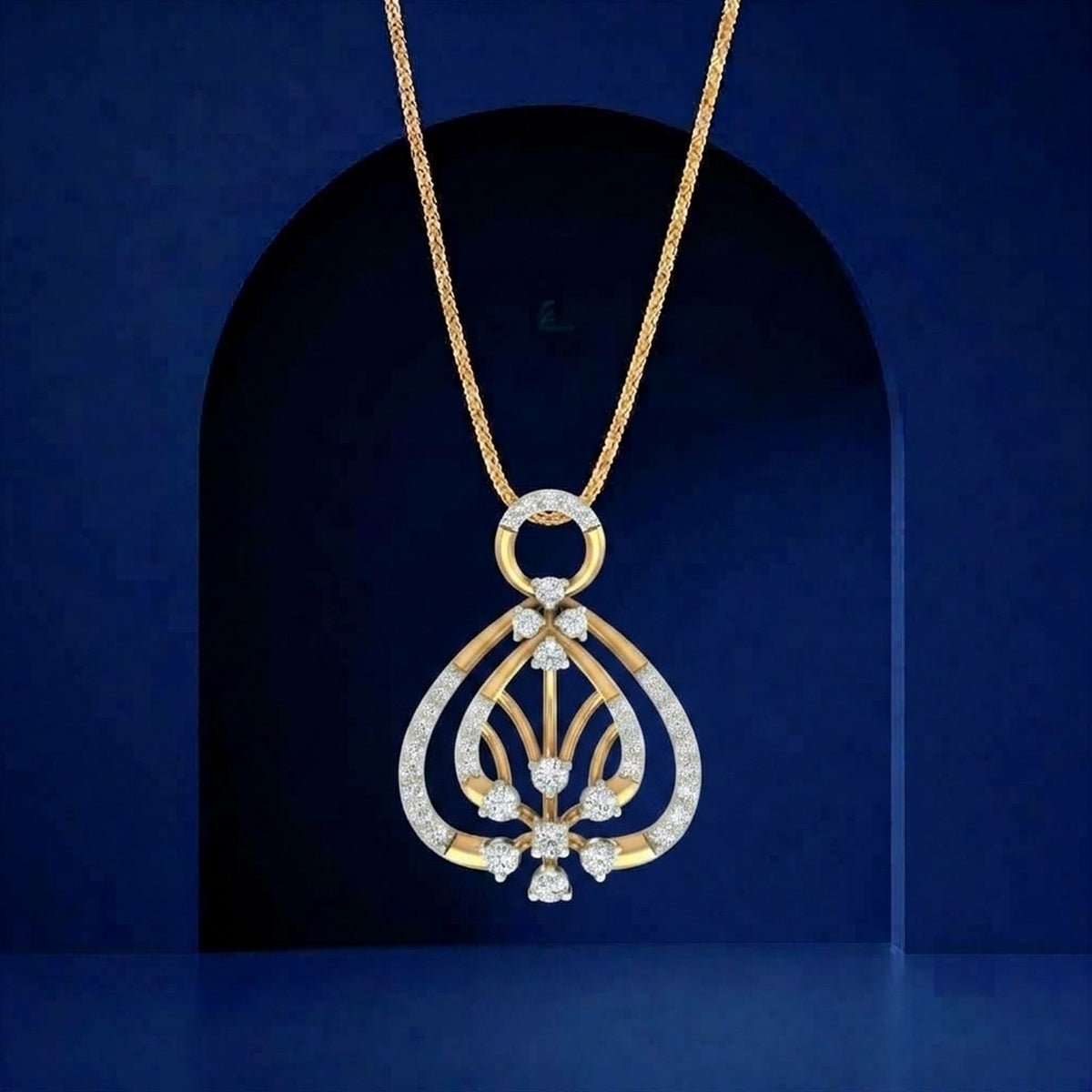 gold and diamond pendant on blue background