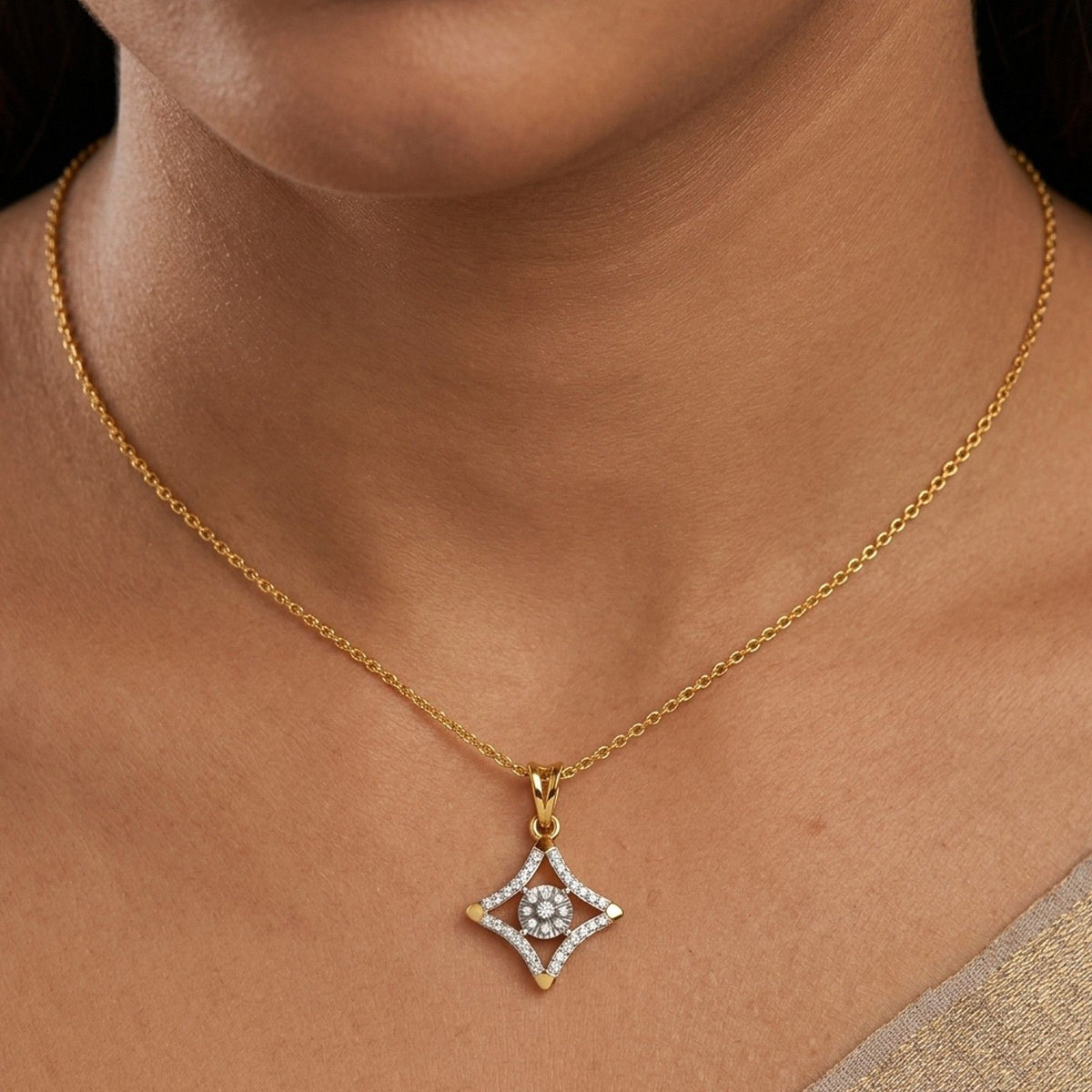 Gold & diamond Partywear Pendant set person neck.