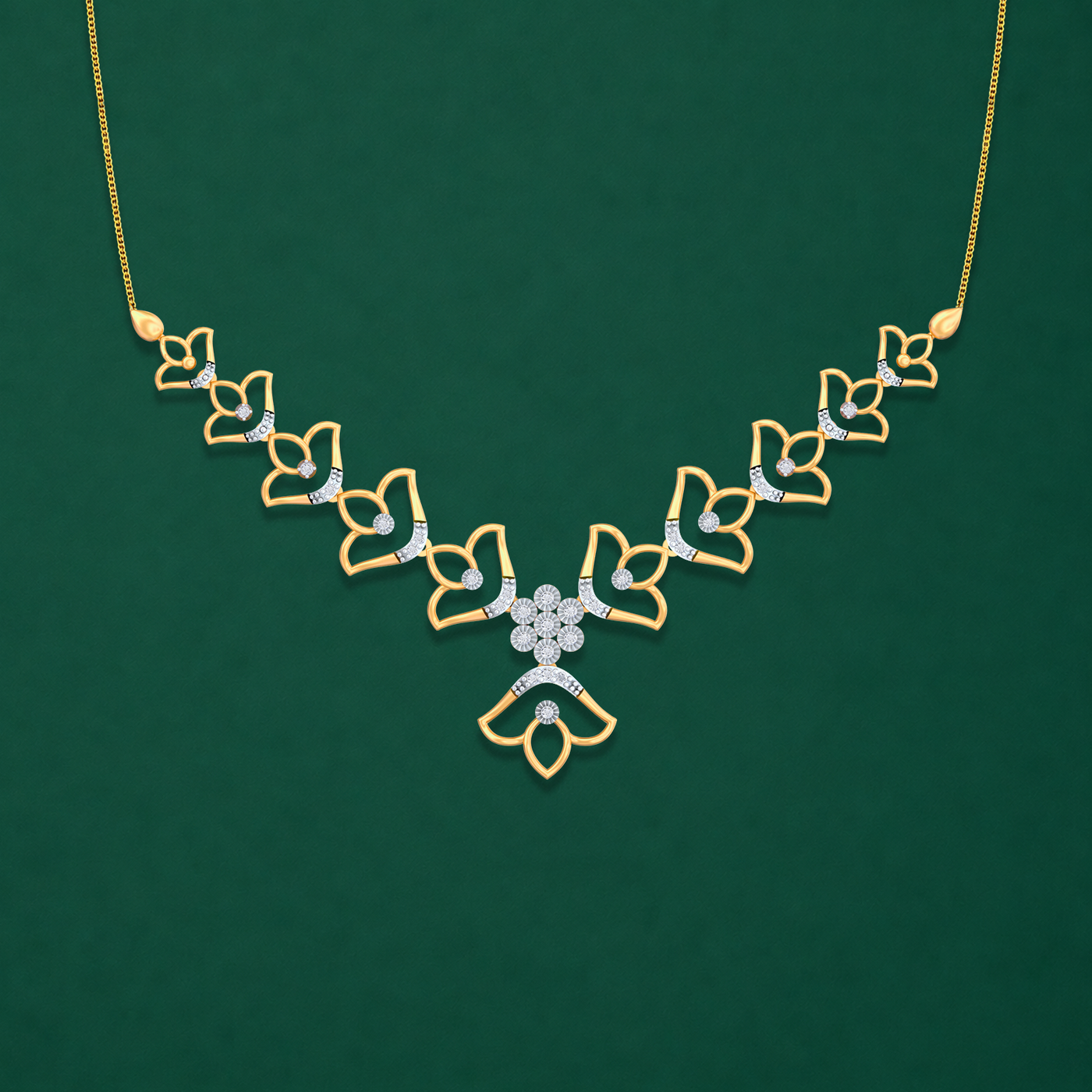 A gold and diamond necklace with a symmetrical, leaf-like geometric design, displayed against a solid dark green background.
