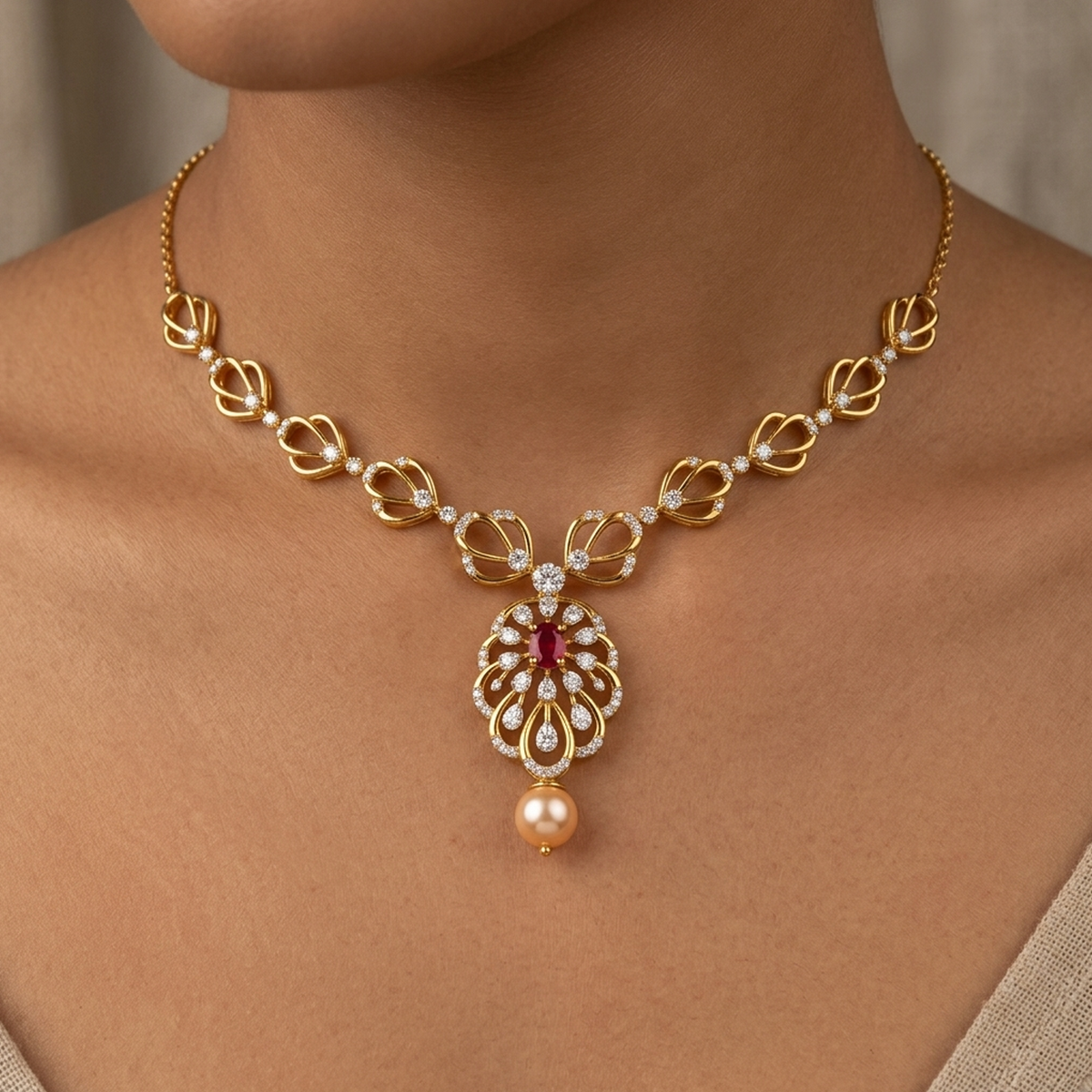 A gold and diamond necklace featuring a central pendant with a red ruby stone, clear diamond accents on a neck.