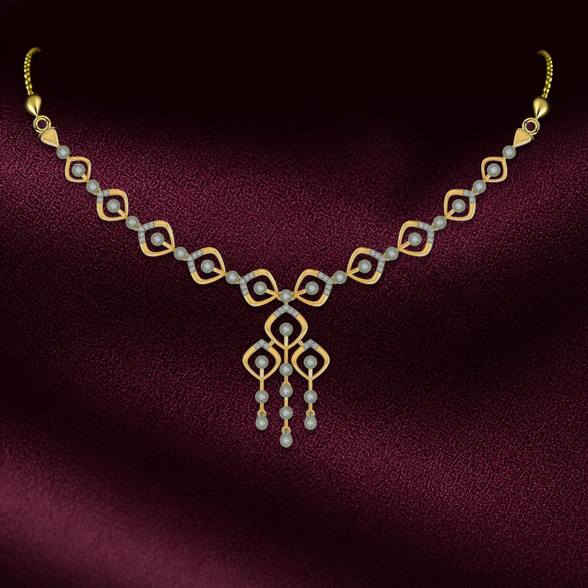 Gold necklace with diamond accents, displayed on a dark burgundy satin background.