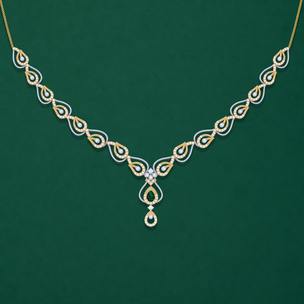 A gold and white gold necklace set, displayed against a solid dark green background.