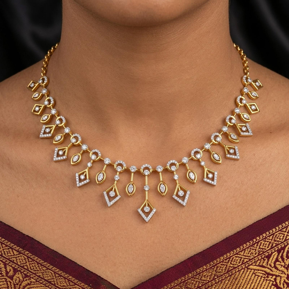 Close-up shots of a gold and diamond necklace.