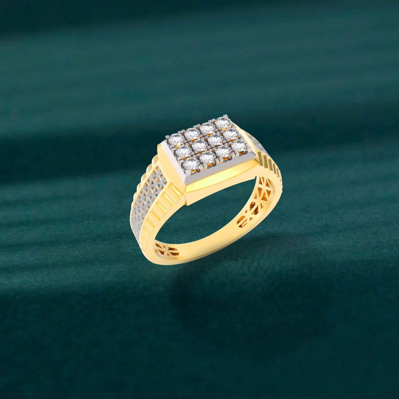 Gold and diamond mens ring on a teal surface.