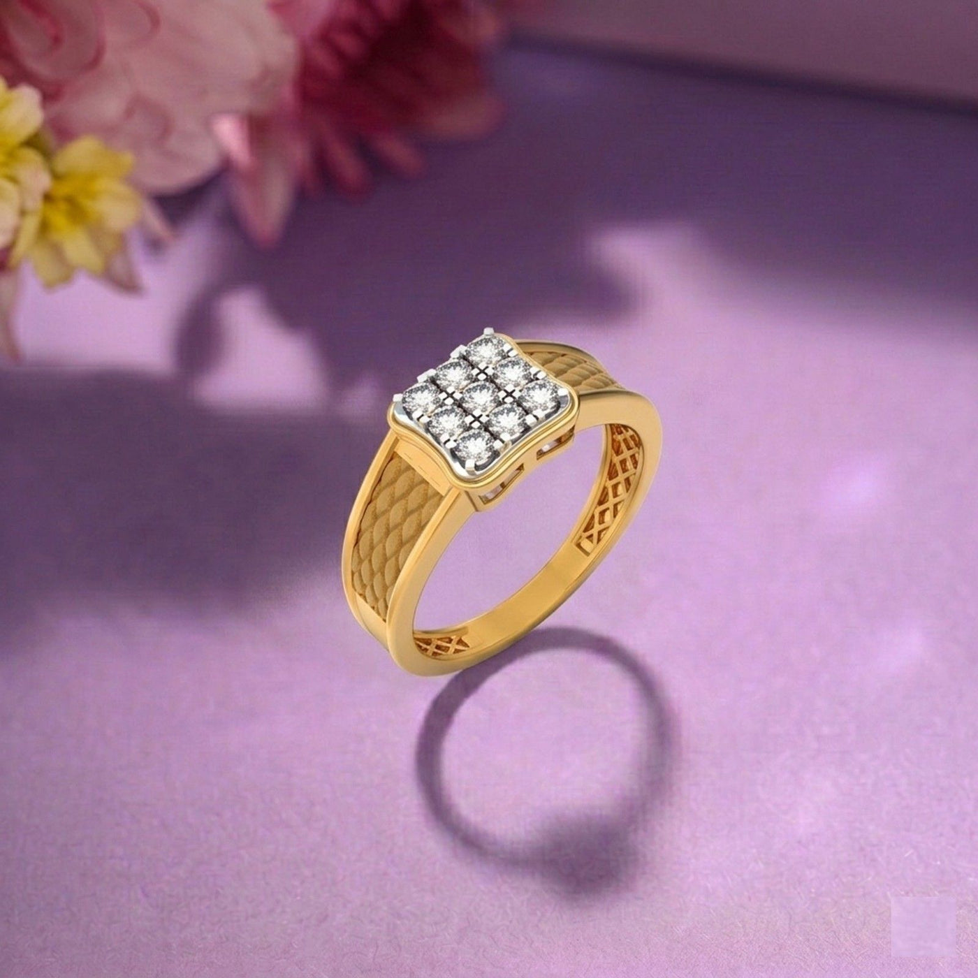 Gold ring with diamond-like stones on a purple surface