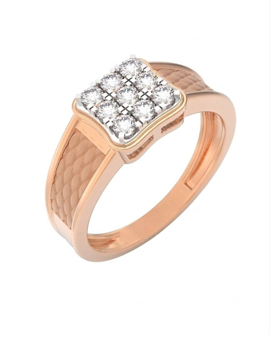 A rose gold ring featuring a square-shaped pavé diamond setting with a textured band, shown on a plain white background.