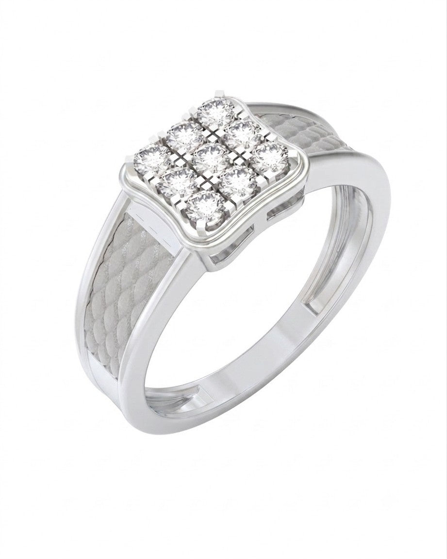 A white gold ring featuring a square-shaped pavé diamond setting with a textured band, shown on a plain white background.