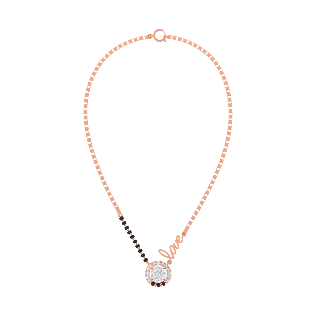 mangalsutra with rose gold chain and 'love' on a white background