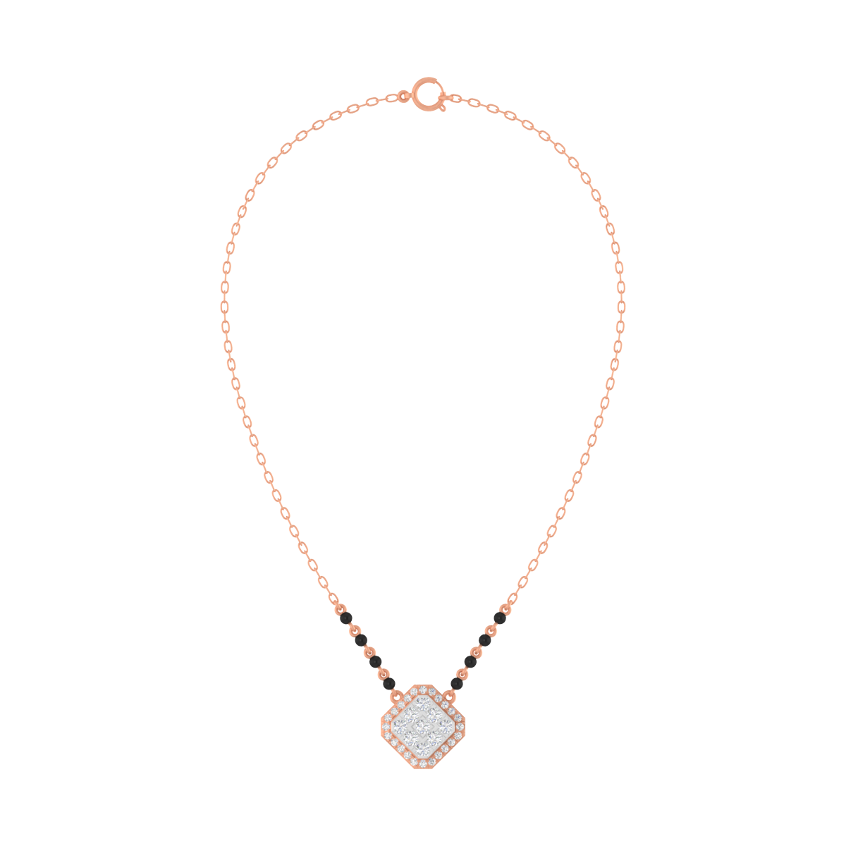 Rose gold and diamond mangalsutra with a diamond on a white background