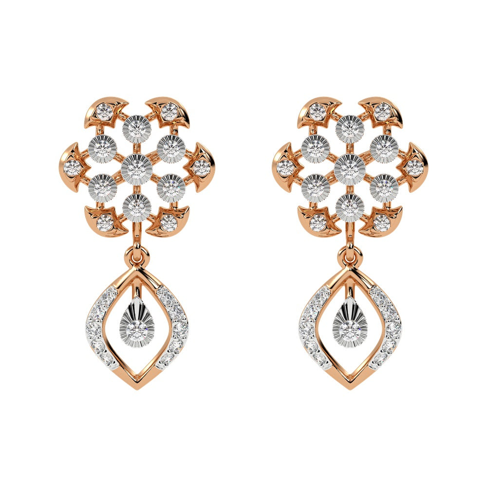 A pair of rose gold earrings with diamond accents in an elegant floral and teardrop design.