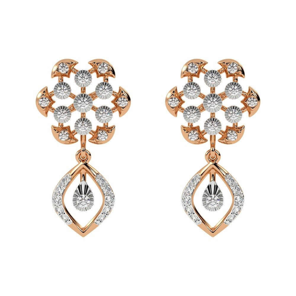 A pair of rose gold earrings with diamond accents in an elegant floral and teardrop design.