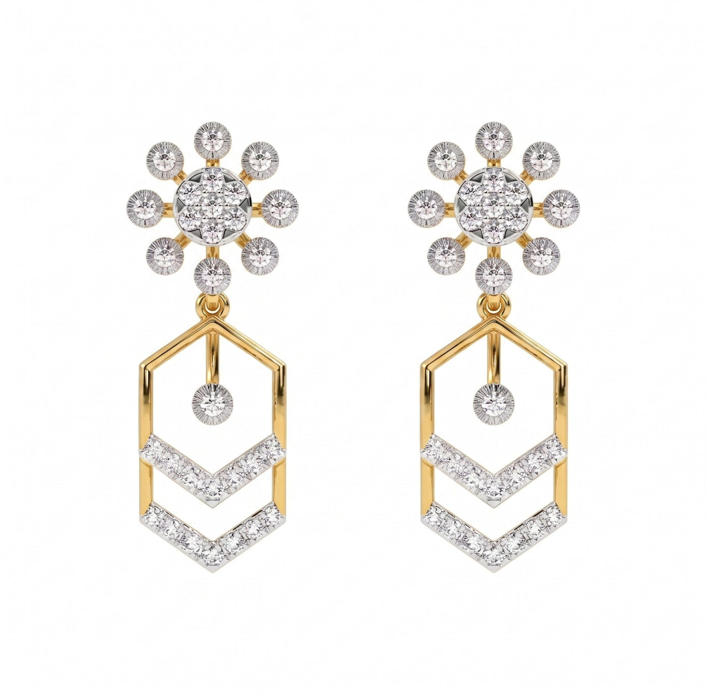 Pair of yellow gold and diamond dangler earrings on a white background