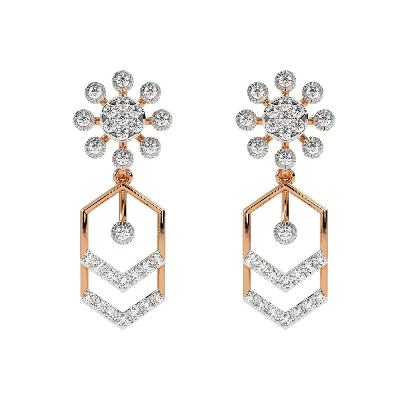 Pair of rose gold and diamond dangler earrings on a white background