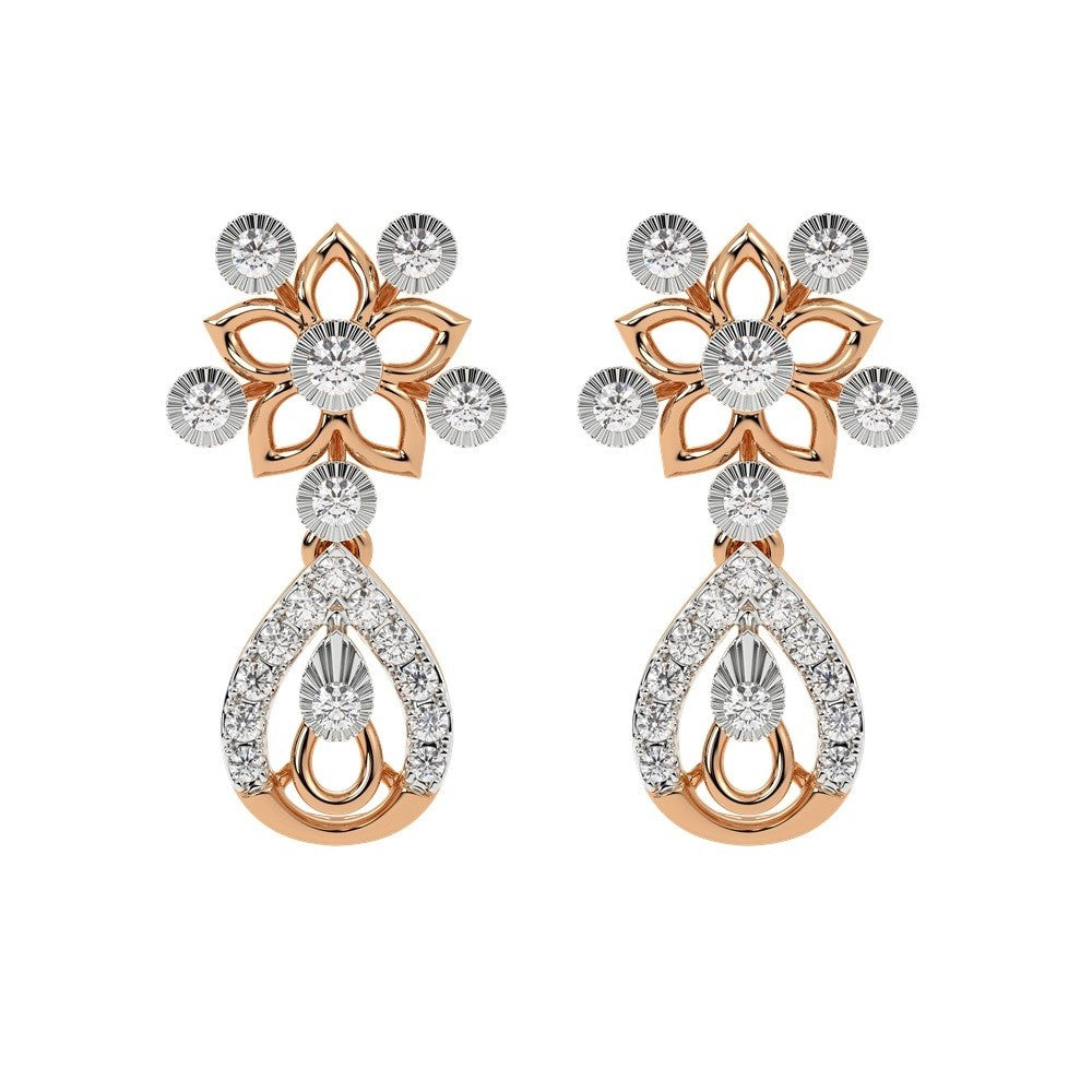 A pair of rose gold earrings with diamond accents, featuring a floral design with teardrop shapes.