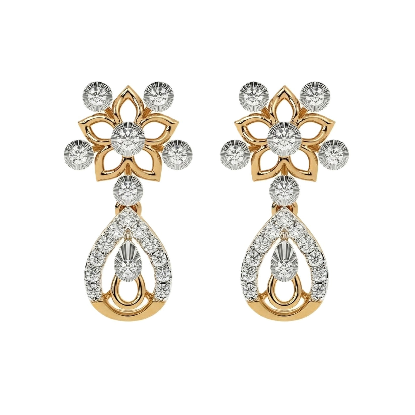 A pair of yellow gold earrings with diamond accents, featuring a floral design with teardrop shapes.