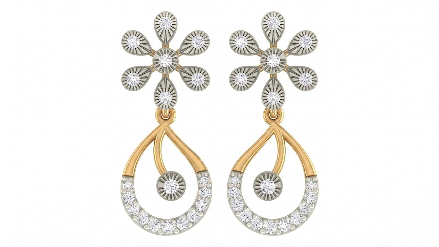 Pair of yellow gold and diamond floral drop earrings on a white background.