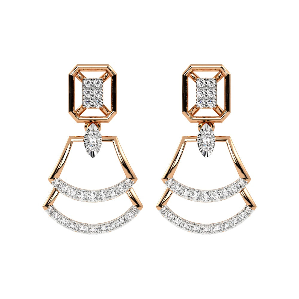 A pair of rose gold earrings with diamond accents, featuring a geometric design.