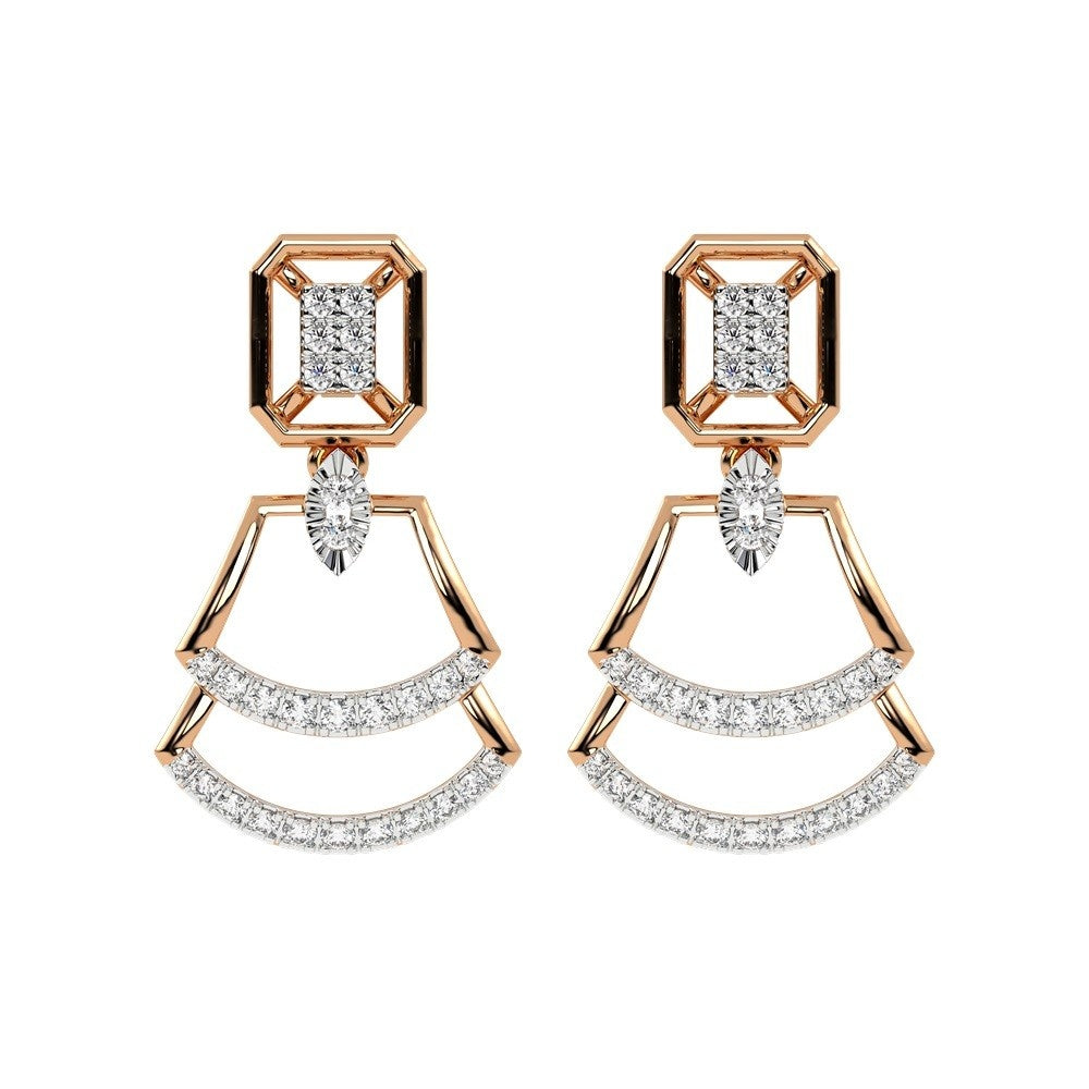 A pair of rose gold earrings with diamond accents, featuring a geometric design.