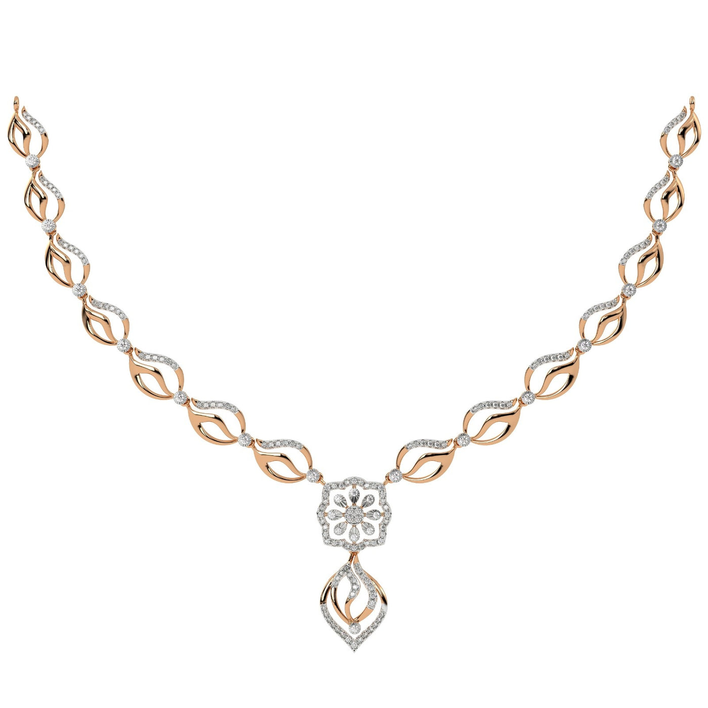 Rose gold and diamond necklace with floral design on a white background