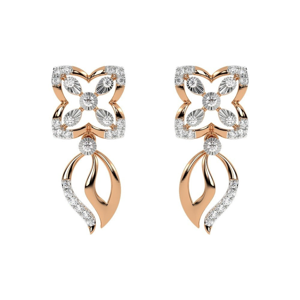 A pair of rose gold and diamond dangler earrings with floral motif on the top and curved leaf-like drops below, set against a plain white background.