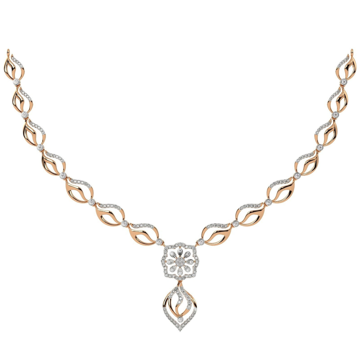 A rose gold and diamond necklace featuring a central floral, displayed on a solid white background.