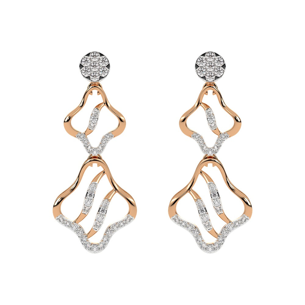 A pair of rose gold earrings with diamond accents, featuring an elegant, intricate design.