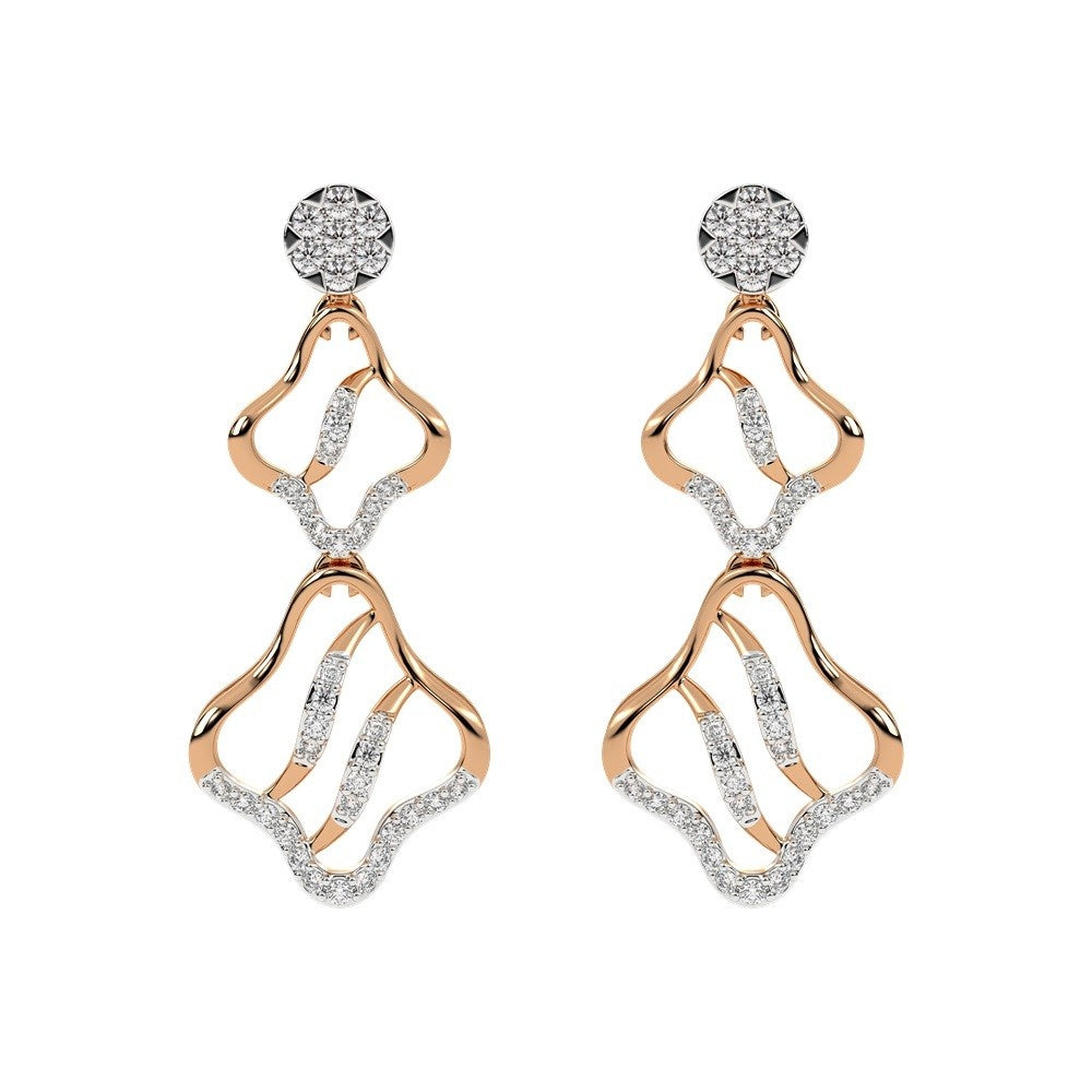 A pair of rose gold earrings with diamond accents, featuring an elegant, intricate design.