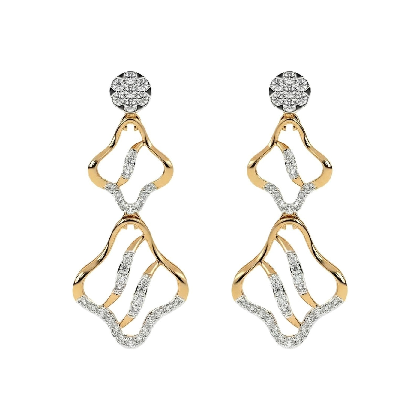 A pair of yellow gold earrings with diamond accents, featuring an elegant, intricate design.