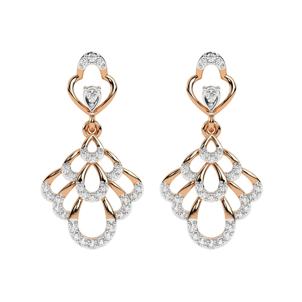 A pair of  rose gold earrings with sparkling diamond accents, featuring a leaf-like design with a heart-shaped top.