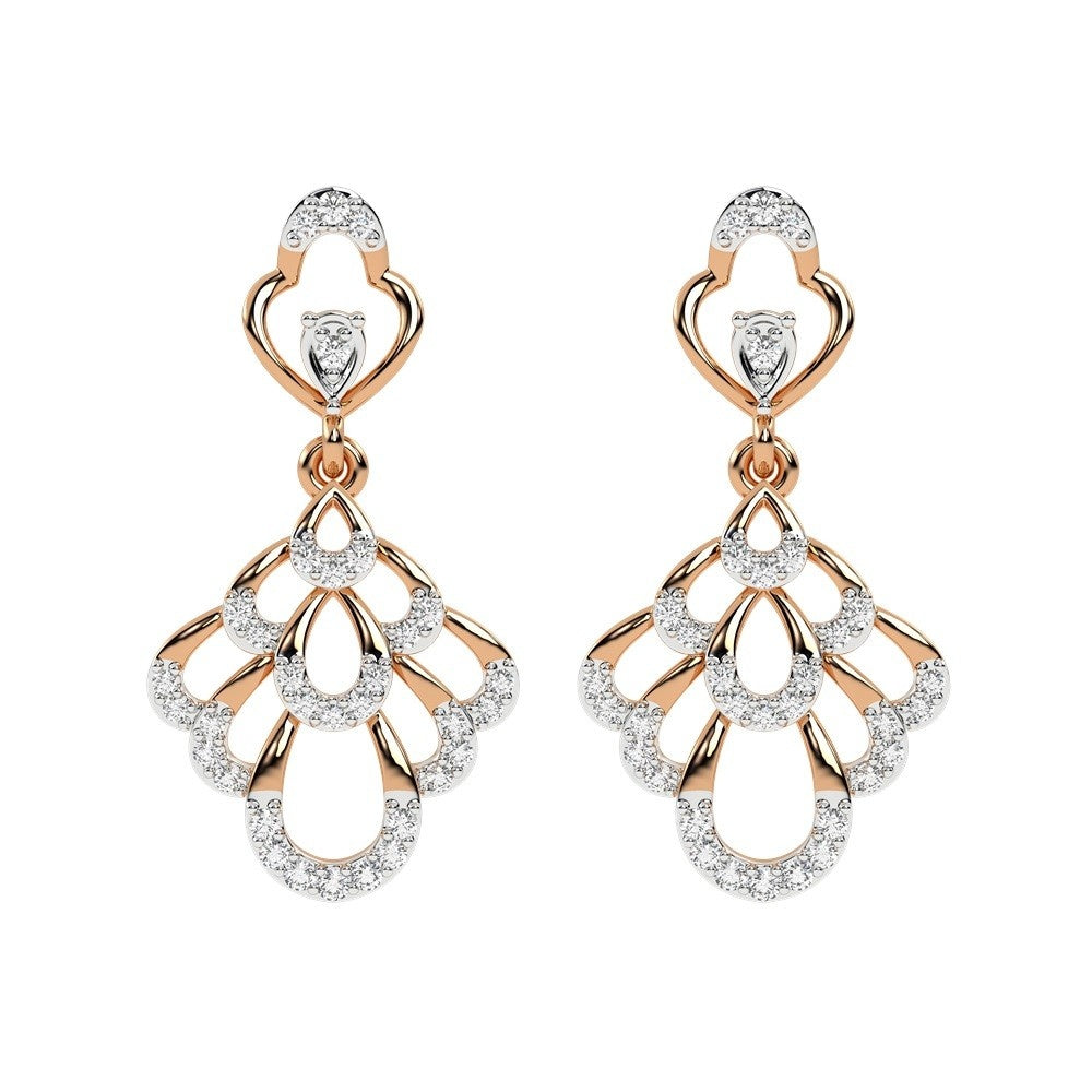 A pair of rose gold earrings with sparkling diamond accents on a white background.