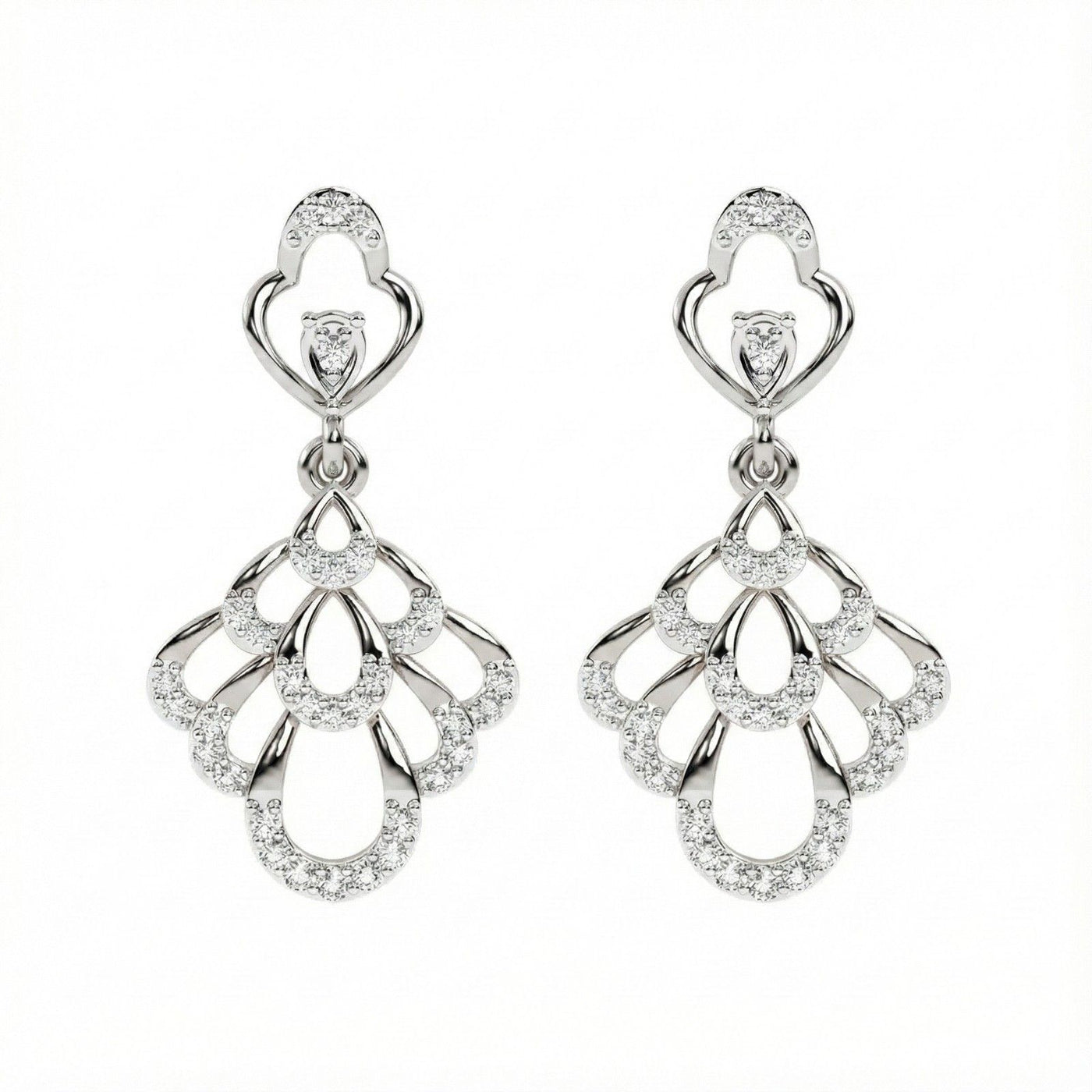 A pair of white gold earrings with sparkling diamond accents on a white background.