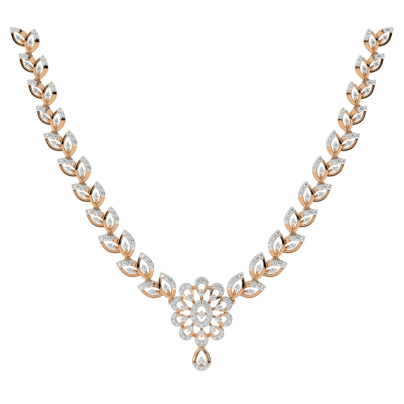 Rose gold and diamond necklace on a white background